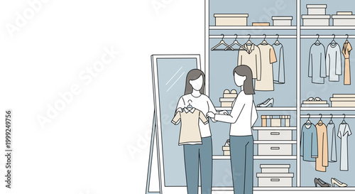 Minimalist illustration of two women deciding on an outfit in a well-organized wardrobe for personal style concept and fashion choices