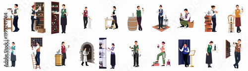 Collection of professional sommeliers and restaurant staff performing wine-related tasks in flat vector style