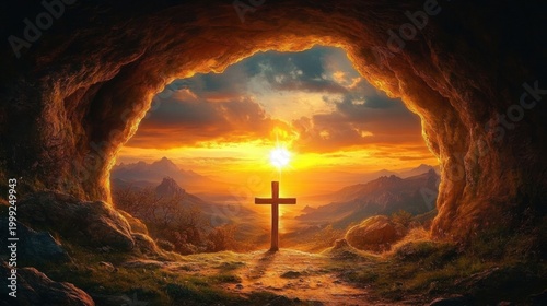 wooden cross silhouetted at cave entrance overlooking a glowing sunrise over distant mountains, warm golden light and a peaceful, reverent mood