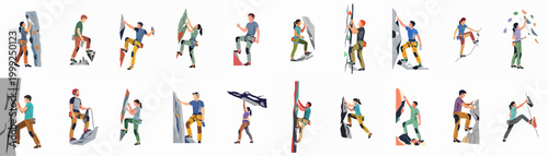 Flat vector illustrations of diverse people rock climbing and bouldering on indoor and outdoor walls, showcasing various climbing techniques and equipment.