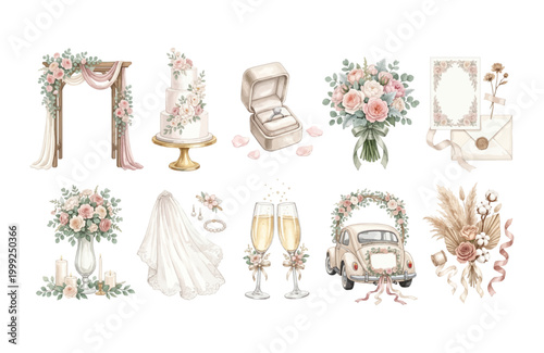 Watercolor Wedding Clipart Set — 10 Romantic Arch Cake Ring Bouquet Veil Champagne Bridal Illustration