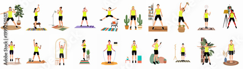 Set of illustrations showing a woman in sportswear performing various home workout exercises, jumping, stretching, and using fitness equipment in different interior settings.