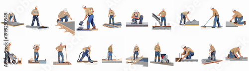 Comprehensive collection of construction worker illustrations performing various concrete pouring, leveling, and finishing tasks on a white background.