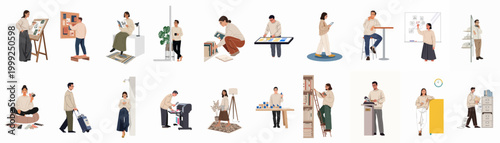Foto Set of flat illustrations featuring creative professionals and office workers engaged in various design, brainstorming, and daily workplace activities