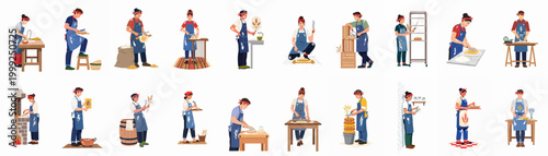 Diverse set of male and female bakers and pastry chefs preparing dough and baking bread, flat vector illustrations isolated on white.