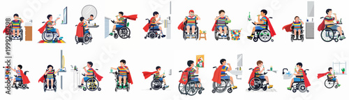 Vector illustrations of a young boy in a wheelchair wearing a superhero cape while brushing his teeth in various bathroom settings.