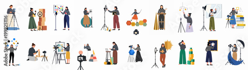Collection of diverse female characters filming educational content, online courses, and creative tutorials with professional video production equipment in a flat vector style.