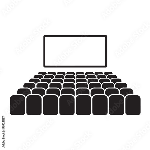 Minimal black audience icon with seating rows facing presentation screen for cinema or conference concept