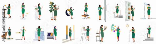 Set of illustrations depicting a professional woman in various office and home environments using a digital tablet for work and presentations.