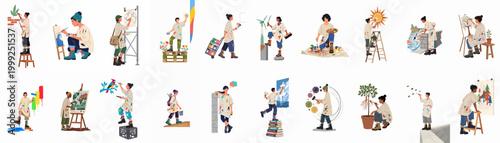 Collection of diverse artists painting nature and environmental themes, showcasing creativity, sustainability, and global awareness through various artistic expressions on a white background.