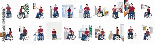 Set of flat vector illustrations featuring a man in a wheelchair in various everyday situations like office visits, medical clinics, and public spaces.