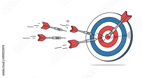 Success and goal achievement concept shows group of darts flying through air with one hitting center of colorful bullseye target.