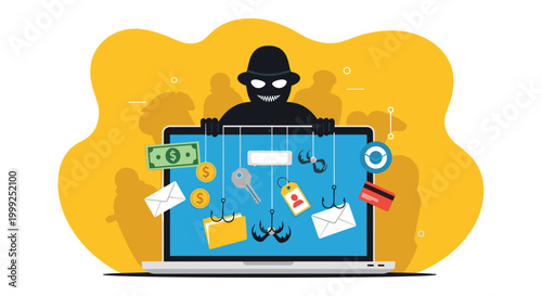 Phishing and cyber crime illustration shows hacker silhouette using laptop with various personal data items caught on fishhooks.