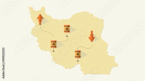 Mapa de Irán con diseño plano, iconos de barriles de petróleo y flechas hacia abajo