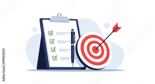 Business goals and checklist concept features clipboard with checkmarks next to dartboard target symbolizing successful planning.