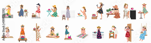 Collection of flat illustrations showing women in summer floral dresses and straw hats taking photos of dragon fruit for social media.