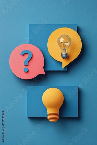 yellow light bulbs and pink question mark speech bubble on blue geometric panels conveying curiosity and creative inspiration