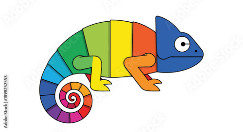 A colorful cartoon chameleon with rainbow hues and spiral tail