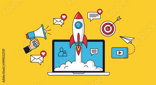 Digital marketing strategy launch features rocket taking off from laptop screen with megaphone and social media icons.