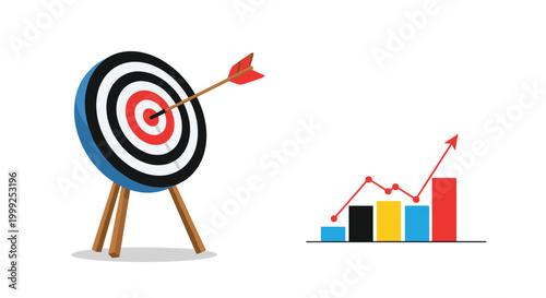 Business success and goal achievement concept with archery target board and arrow next to rising financial growth bar chart.