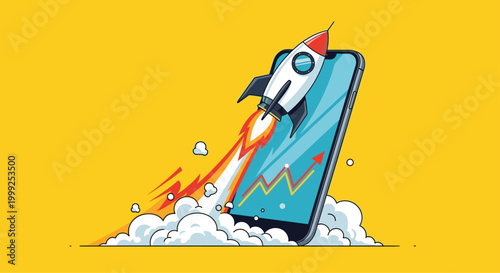 Mobile app startup launch and business growth concept with rocket ship taking off from smartphone screen with success graph.