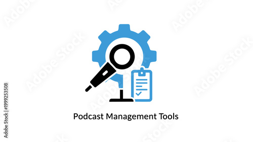 Podcast Management Tools Icon with Magnifying Glass and Gear.