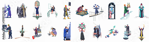 A collection of illustrations merging modern technology with ancient architecture, showing figures engaged in construction, art, and mysticism in a surreal vector style.