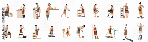 Minimalist flat vector illustration set of women in aprons cooking, baking, and using kitchen tools in various domestic scenes.