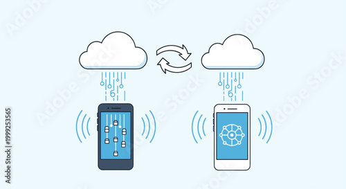Cloud data synchronization and wireless connection concept between two smartphones with arrows and electronic signals.
