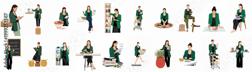 Collection of flat vector illustrations featuring a professional woman nutritionist researching, calculating, and planning healthy diets with various food items and tools.