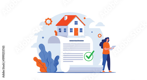 Real estate property agreement concept with woman using digital tablet next to giant contract scroll with house on top.