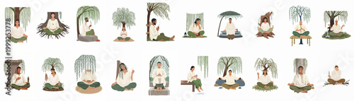 Large collection of flat vector illustrations featuring diverse people practicing meditation and mindfulness in tranquil natural settings under willow trees for spiritual wellness.