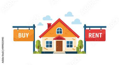 Home buying and renting choice concept with small house between orange buy and red rent signs on white background.