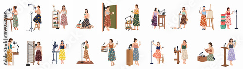 Comprehensive Collection of Flat Vector Illustrations Featuring Women in Creative Roles like Podcasting, DIY Crafting, and Content Creation
