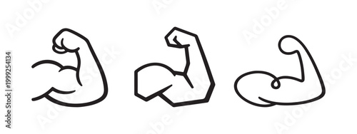 Flexed Arm Strength Vector Icon Set with Outline Variations for Fitness and UI Design