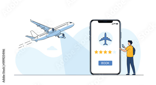 Mobile flight booking and travel planning concept showing man with smartphone and airplane flying in a blue sky.