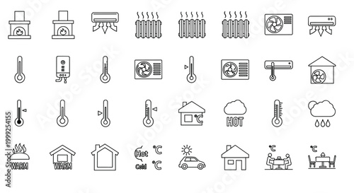 Comprehensive collection of thin line icons for home heating, cooling, temperature control, and HVAC systems.