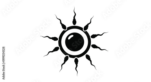 Silhouette illustration of sperm cells surrounding a single egg cell for human fertilization and reproduction concept.