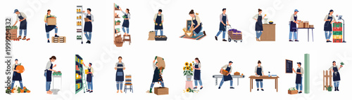 Collection of flat vector illustrations featuring people working in agriculture, farmers markets, and grocery stores, handling fresh organic produce and products.