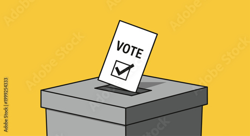 Democratic election and political voting concept showing a hand dropping a marked ballot paper into a grey ballot box.