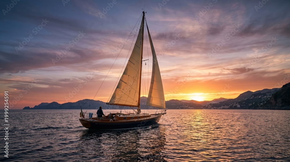 Fototapeta premium Small sailboat silhouetted sailing at sunset over sea