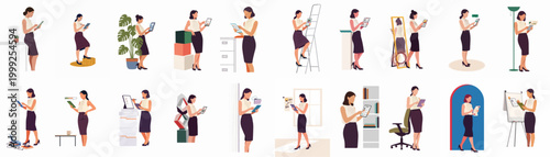 Illustration set of a professional businesswoman in various office scenarios using digital tablets and managing work tasks.