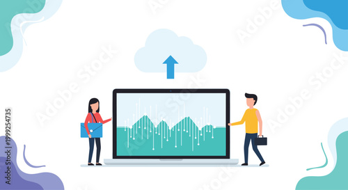 Cloud computing and data analysis concept with two professionals interacting with a laptop showing charts and a cloud upload arrow icon.