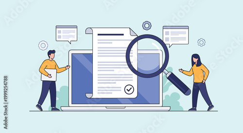 Two professionals reviewing a digital document on a laptop screen with a magnifying glass for contract auditing and detail verification tasks.