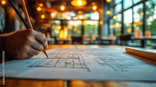 Obraz hand sketching architectural blueprint on wooden table in warm cozy studio with glowing lights and large windows, focused and creative atmosphere