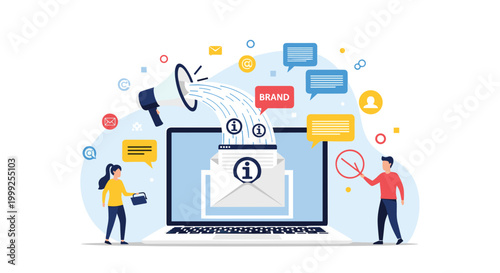 Modern digital marketing and advertising illustration with people interacting with a laptop, megaphone, and social media information bubbles.