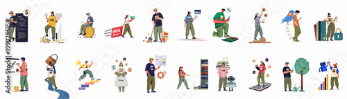 Set of Flat Vector Illustrations Depicting Fintech, Coding, Cybersecurity, Data Management, and Digital Technology Concepts with Diverse Characters.