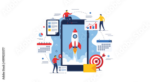 Startup business growth concept featuring a rocket launching from a smartphone screen surrounded by charts, calendars, and target symbols.