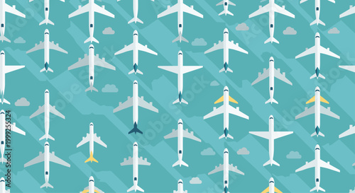 Seamless pattern of white airplanes flying over a blue background with clouds representing global travel, aviation industry, and transport.