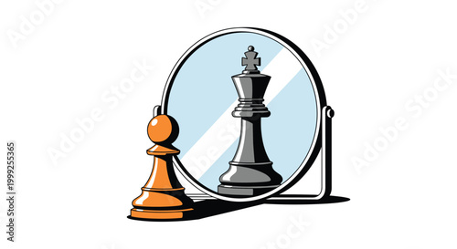 Chess pawn looking into a mirror and seeing a king reflection for self belief, leadership potential, and personal growth metaphors.